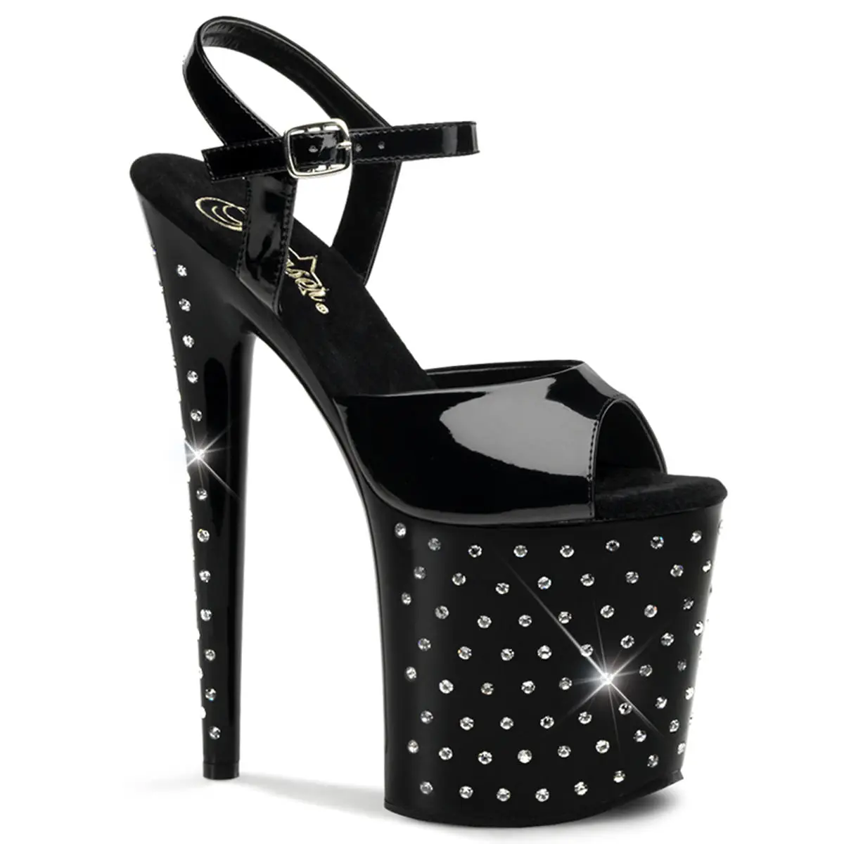 Women's Pleaser Stiletto High Heel Sandals - Heels for Women, 8" (20.3cm) Patent Leather Open Toe, Sparkling Rhinestone Platform, Ankle Strap, Lightweight Stable Footwear for Pole Dance Performers, Evening Events