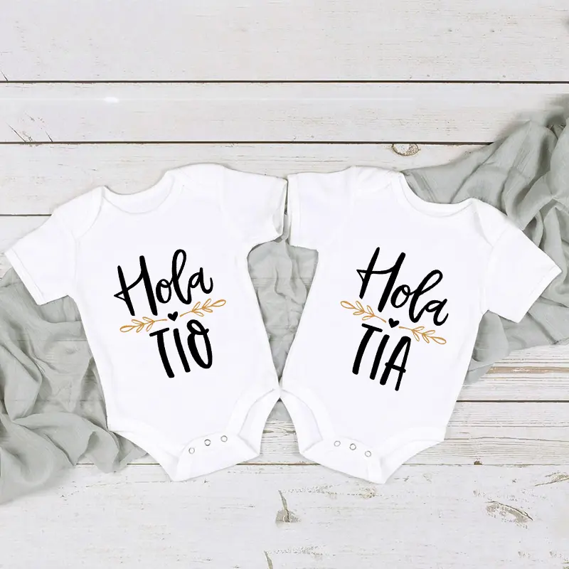 Hola Tio Tia Casual 100% Cotton Baby Bodysuit Outfit, Graphic Print Pregnancy Announcement Gift, Soft Newborn Infant Onesie Top