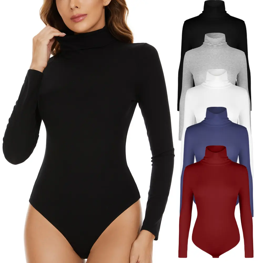 Bodysuits Women, Lightweight Mock Neck Long Sleeve Top, Slim-fitting Viscose Blend for a Basic Look and Layering, Available up to 2XL, 92% Viscose, 8% Spandex