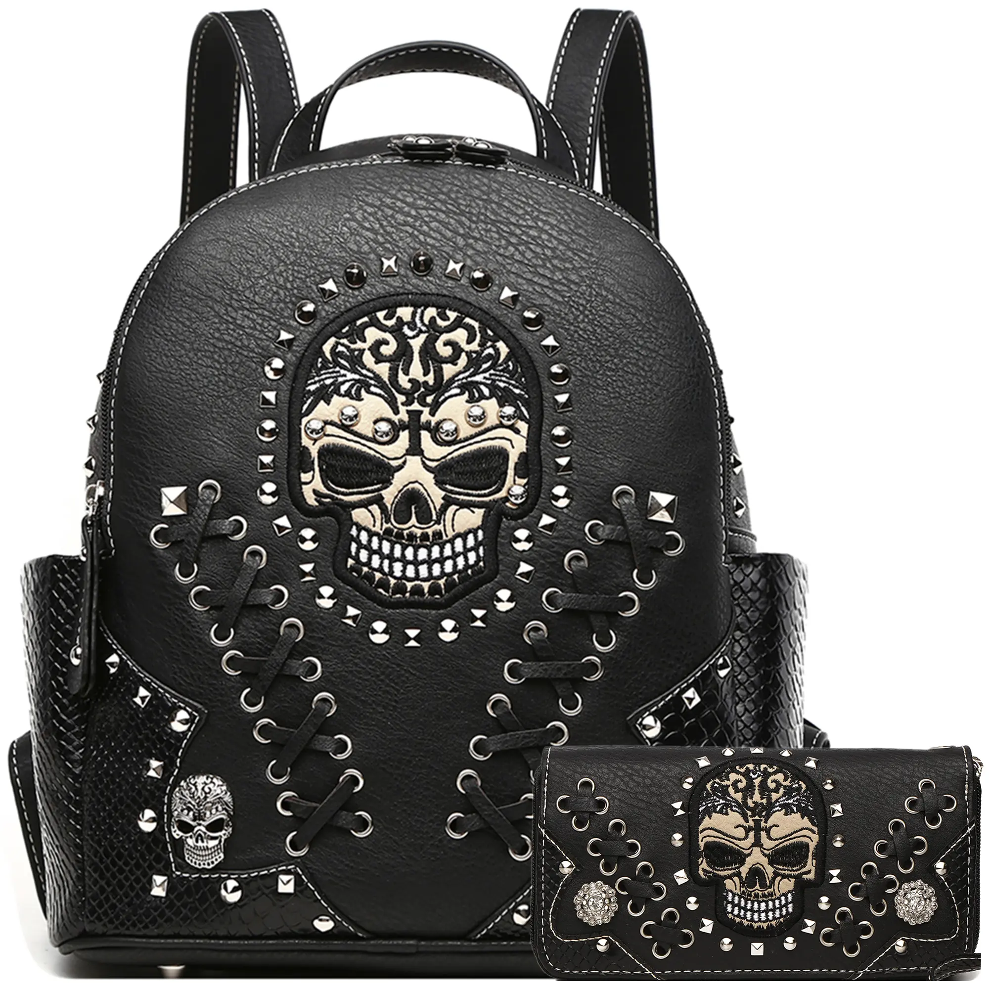 Sugar Skull Punk Art Studded Motorcycle Rock Wallet Set for Women — Fashionable Snake Double-Shoulder Backpack & Crossbody Wallet Bag Set. Black set, an ideal Christmas and Halloween gift; suitable for young men and women who appreciate niche, alternative