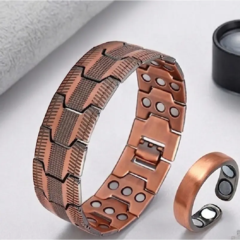 Antique Red Copper Magnetic Therapy Bracelet & Ring Set for Men - 3-Row Tire Pattern Link Design - Meaningful Gift for Him