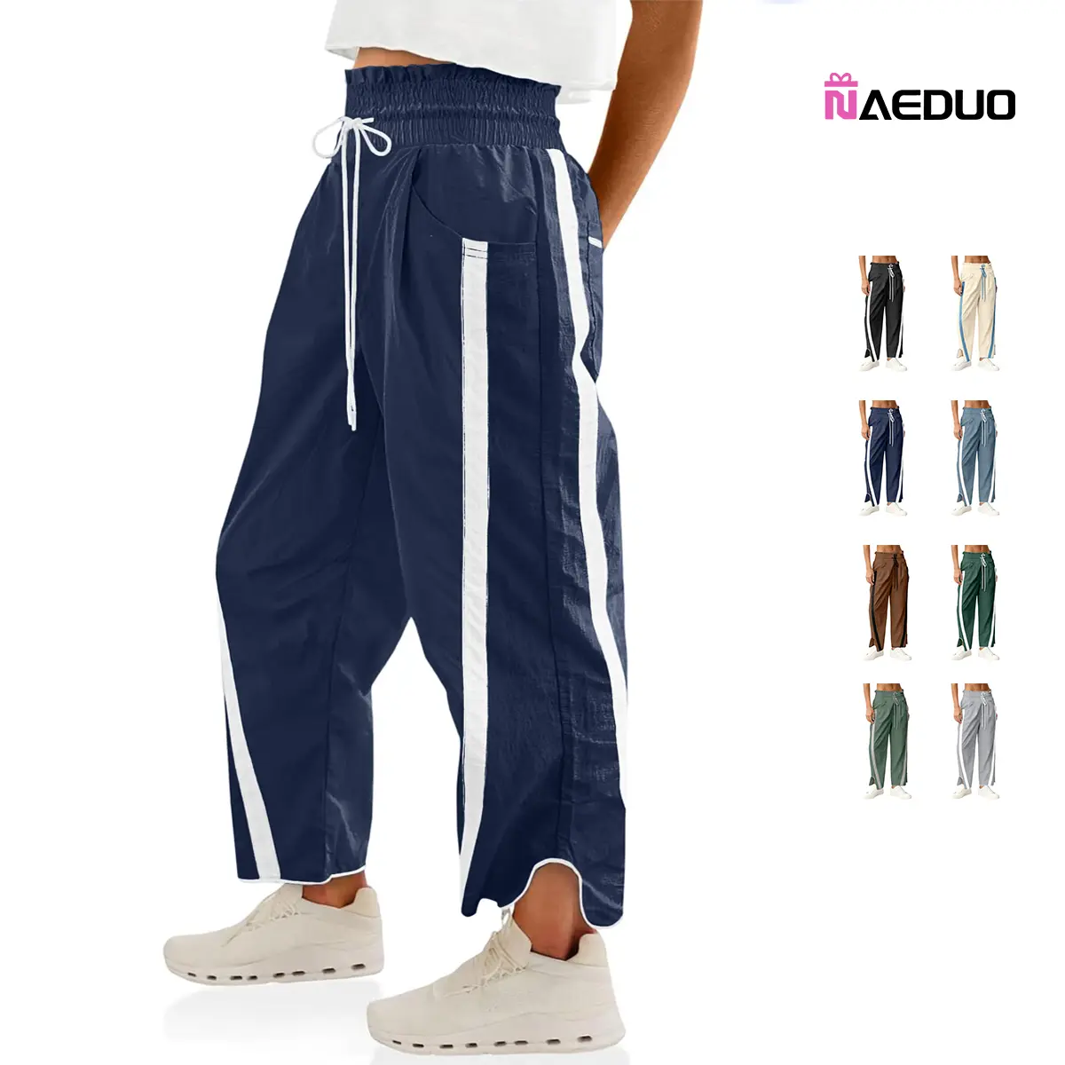 Naeduo Women's Baggy Wide Leg Pants Casual Drawstring Elastic Waist Contrast Color Workout Y2K Track Pants Striped Sports Bottoms All Seasons Lightweight Parachute Fabric for Hyrox SpringStatements