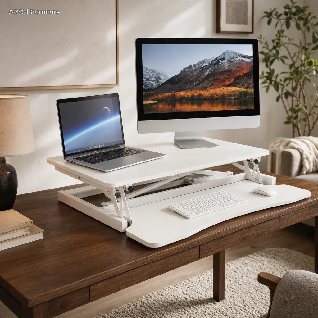 32-Inch Ergonomic Home Office Sit-to-Stand Desk Converter - Rectangular, Sturdy Metal Base, Spacious Work Area for Dual Monitors & Laptop, Wide Keyboard Tray, White Office Furniture Accessory, Rising Desk
