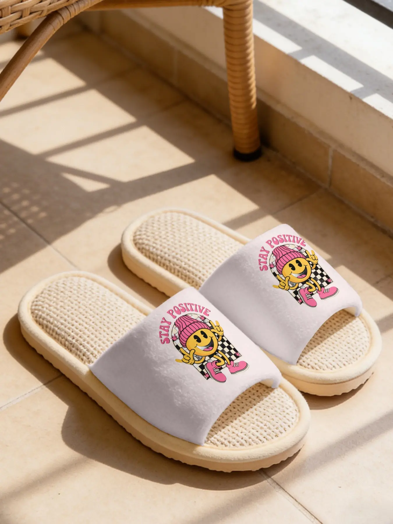 Cartoon Smiley STAY POSITIVE Slogan Print Linen Slippers Cloud-Feel Retro American Cool & Sweet Style Must-Have For Trendy Youths & Students Daily With Breathable Non-Slip