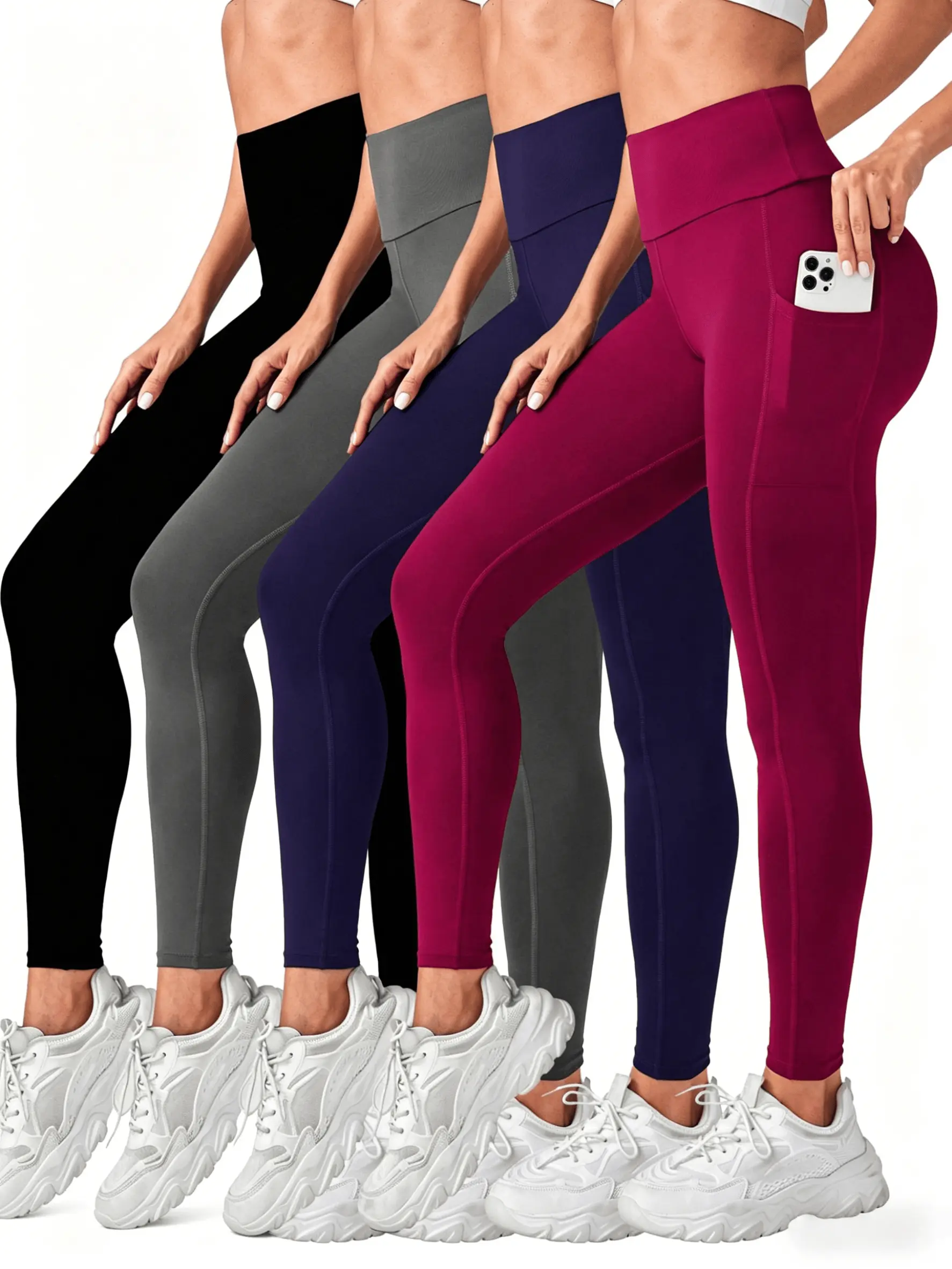 Women's 4-Pack Leggings, Breathable Solid Nylon High Waist Stretchy Activewear with Tummy Control & Pockets, Gym & Running Outfits, Workout Outfit Inspo, Fitness Yoga Pants, Activewear Finds