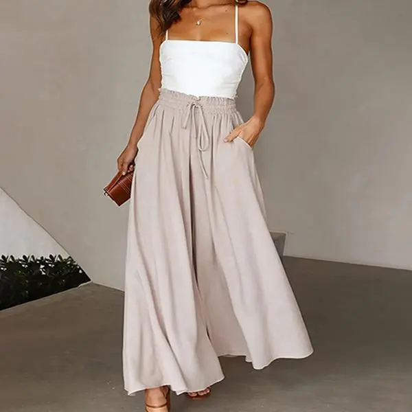 Women's Elegant Solid Fabric Palazzo Pants - Effortless Flow Wide-Leg Woven Polyester Culottes with Draped Ruffle for Casual, Formal Wear, Effortless Flow Pants, Baggy, H Type, Chic, Bottom, Thanksgiving, Chic Look, Frill, Palazzo Cut, Chic Coverage