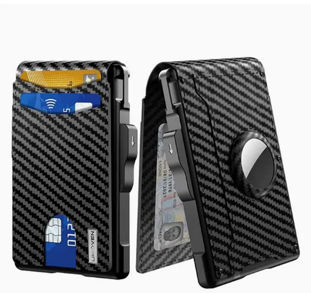 Men's Aluminum Metal Wallet with AirTag Compatibility, RFID Blocking, Slide Control Spring Pop-Up Design, ID Window, 12+ Slots, Slim Bifold Carbon Fiber Holder, Portable Business Gift (AirTag Not Included, Anti-Theft)