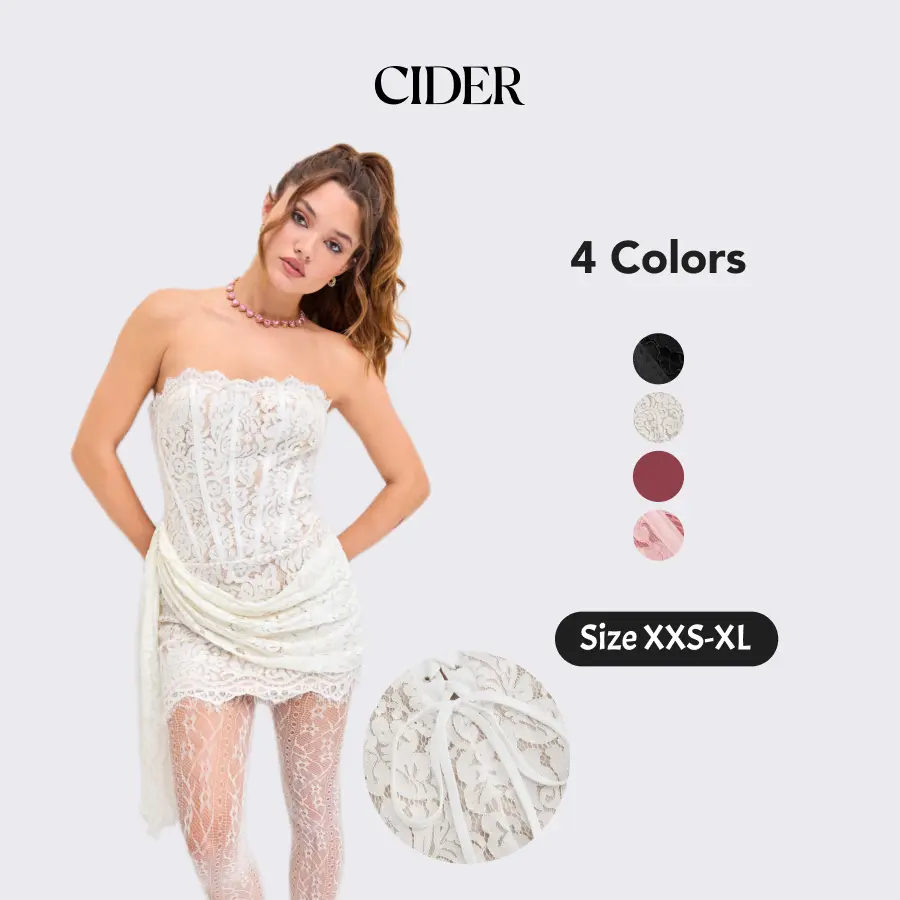 Cider Lace Tube Strapless Tie Back Mini Dress – Women's Sexy Elegant Party Clubbing Cocktail Gown, Floral Embroidery Slim Fit Dress for Summer