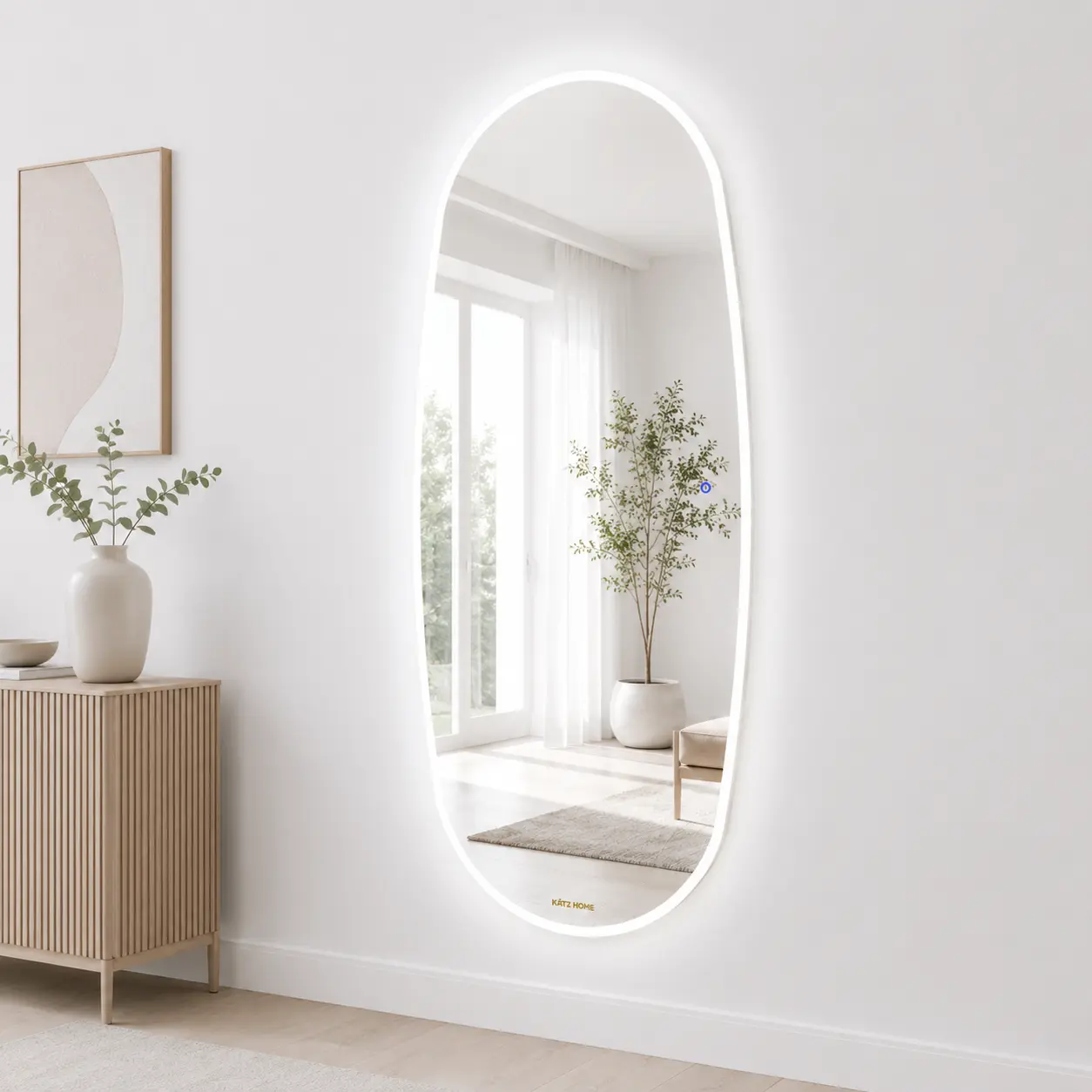 Irregular Shape Tempered Glass LED Full Length Wall Mirror, Oval Organic Full Body Dressing Mirror with 3 Color Lighting, Touch Control Dimmable Lighted Mirror for Bedroom Closet Entryway