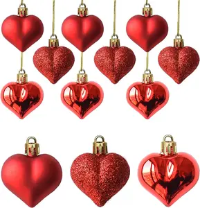 12Pcs Heart Ornaments Multi Finish Heart Baubles Hanging Ornaments for Valentine’s Day Decor Mother's Day Christmas Tree Wedding Anniversary Party Decoration(Red)