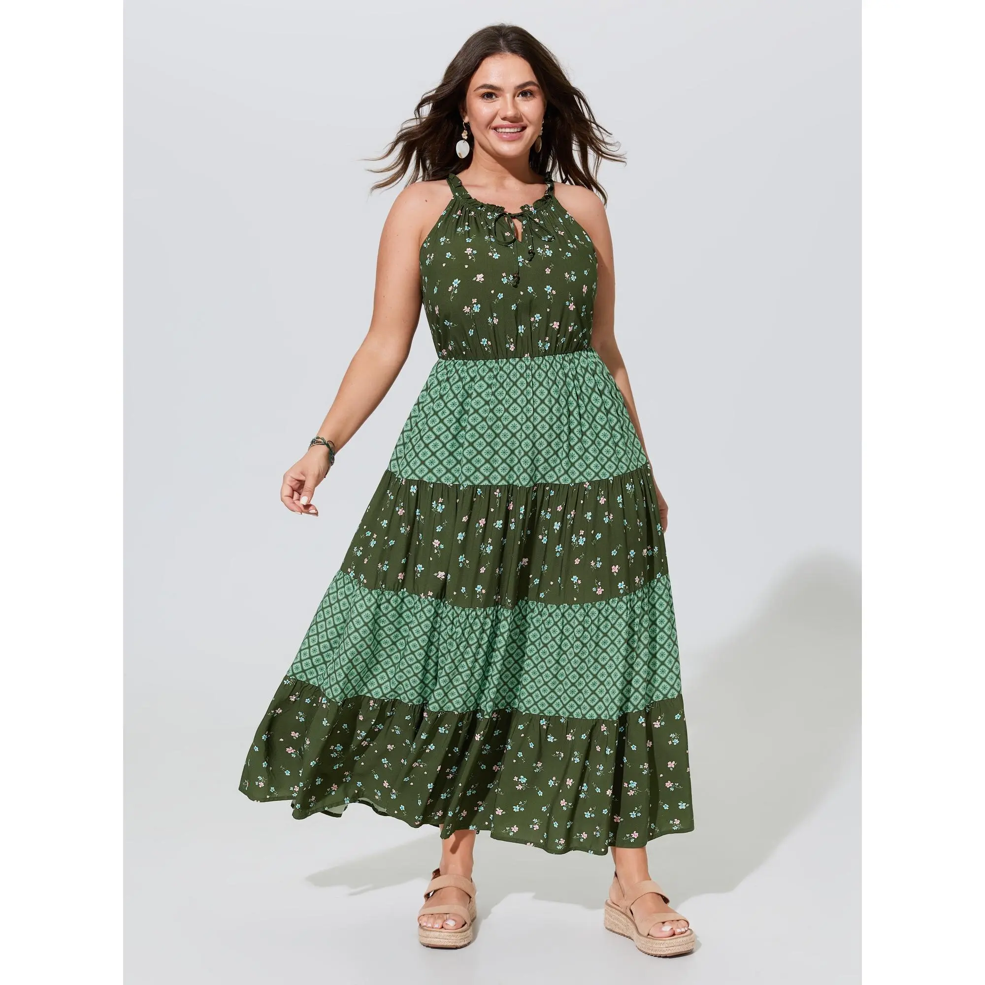 BLOOMCHIC Plus Size Supersoft Floral Print Patchwork Drawstring Tiered Maxi Dress[M-6X] Summerfinds, Bohemian, Casual