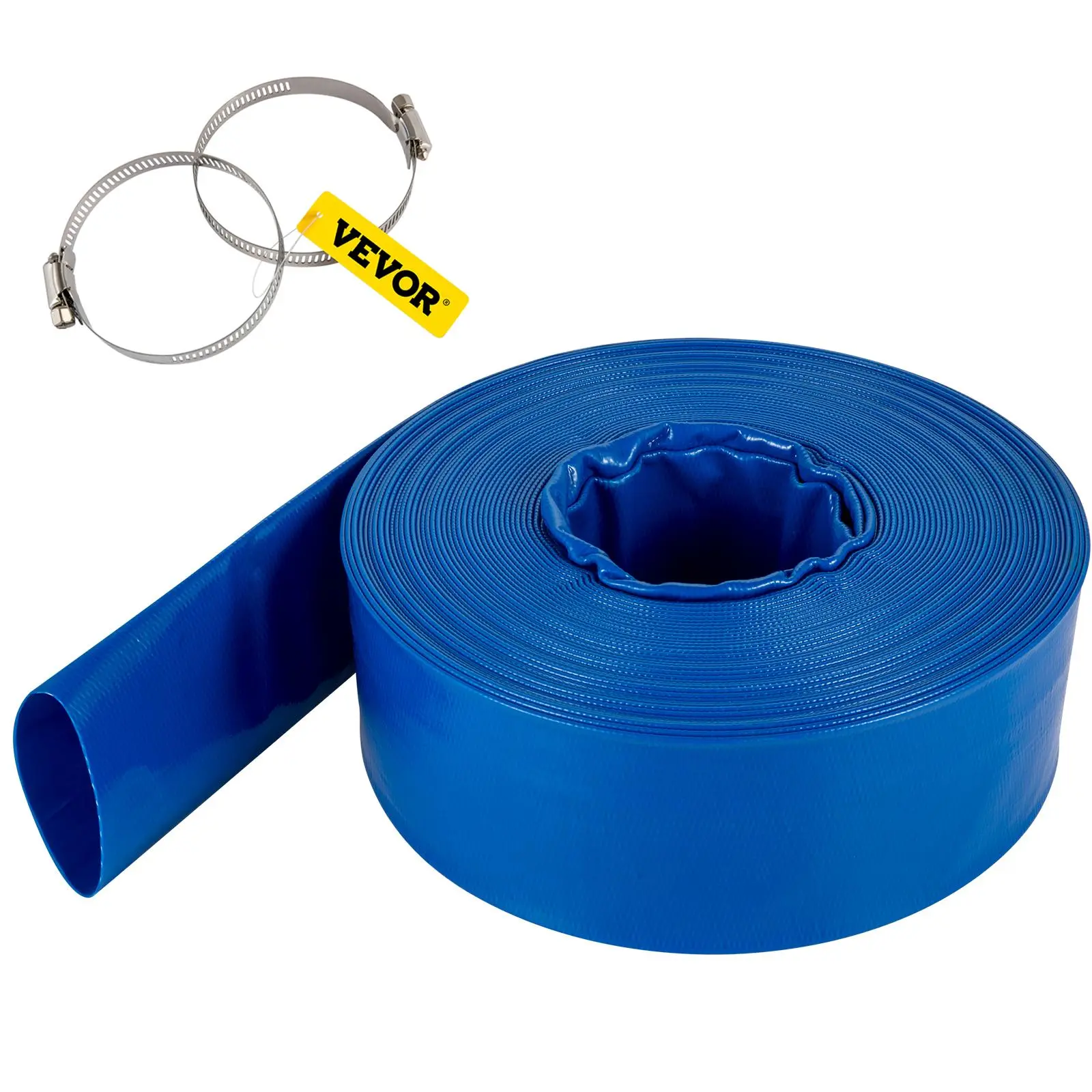 【Summerfinds】VEVOR Discharge Hose, 3\" x 105\', PVC Lay Flat Hose, Heavy Duty Backwash Drain Hose with Clamps, Weather-proof & Burst-proof, Ideal for Swimming Pool & Water Transfer, Blue