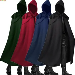 Men’s Medieval Retro Cosplay Hooded Cape Gothic Long Cloak Jacket — available menswear clothing; bestie costume; casual and stylish; colors: black, red, green, blue