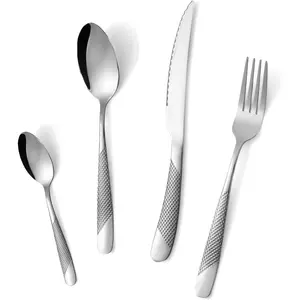 Hammered Stainless Steel Silverware Set, 24- Flatware Set for 4, Mirror Polished Cutlery Set,  Non-Slip Grip, Dishwasher Safe, Modern Tableware for  & Restaurant()