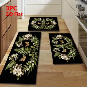 2/3 Piece Flannel Kitchen Mat Set, Watercolor Floral Butterfly Print, Anti-Slip, Absorbent, Home Decor, Flower Pattern Rugs