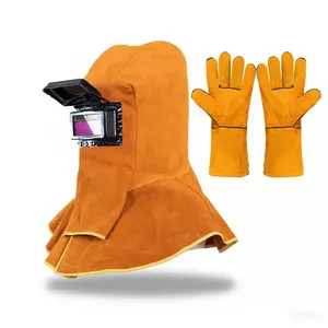 2 PCS cowhide leather welded head cover helmet with gloves, protective equipment, work cap with neck and shoulder drooping, dust-proof, breathable (yellow), with automatic dimming filter, yellow full-face helmet and neck-shoulder protection tiktokshopspri