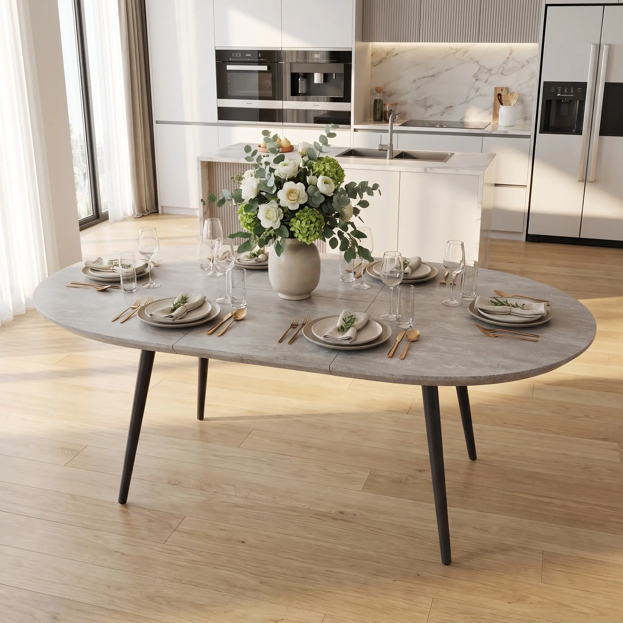 Modern Minimalist Extendable Oval Dining Table for Homeowners - Wear-Resistant Sintered Stone Top & Sturdy Lightweight Metal Legs, Kitchen & Dining Room Furniture, Flexible Extension for Multi-Person Dining (Grey Stone Finish, 1 Table)