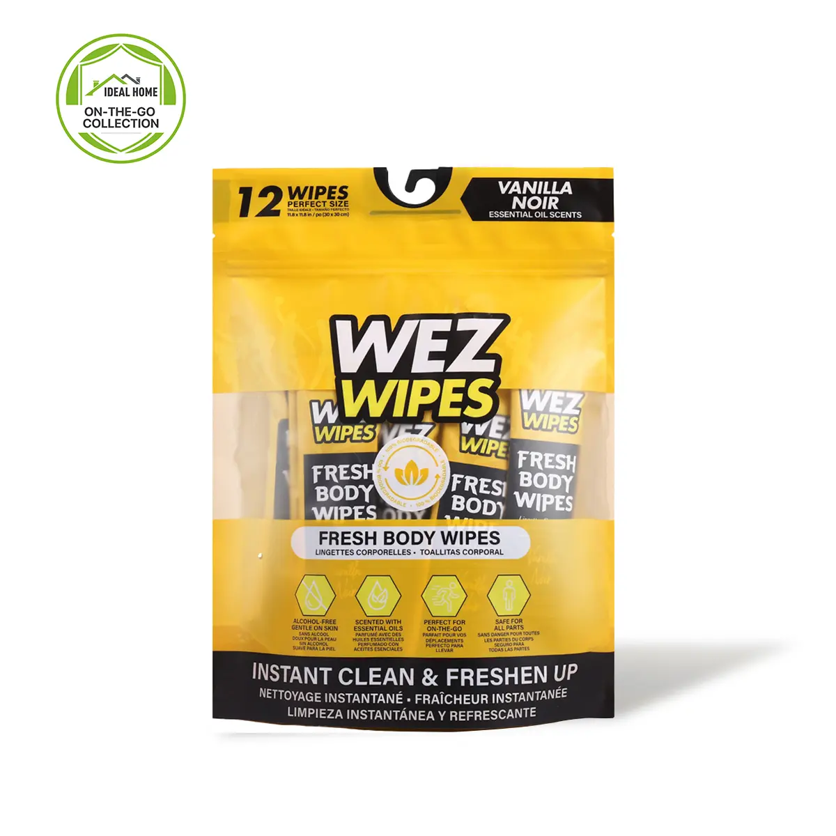 WEZ WIPES Vanilla Noir Fresh Extra Large Body Wipes | 12 Alcohol-Free Biodegradable Body Cleansing Wipes with Essential Oil Scent | No Rinse Bath Wipes for Gym, Travel, Camping & On-the-Go