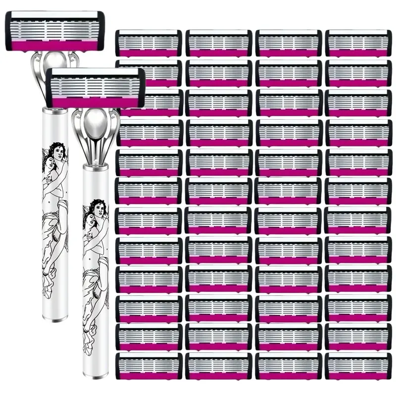 2 Handles + 48/60 Stainless Steel Replacement Blades, Unisex Razor, Shaving Razors, Shaving Tool, Daily Shaving Tool, Six-Layer Manual Shaver, Facial Shaver, Smooth Face Trimming, Multi-Pack
