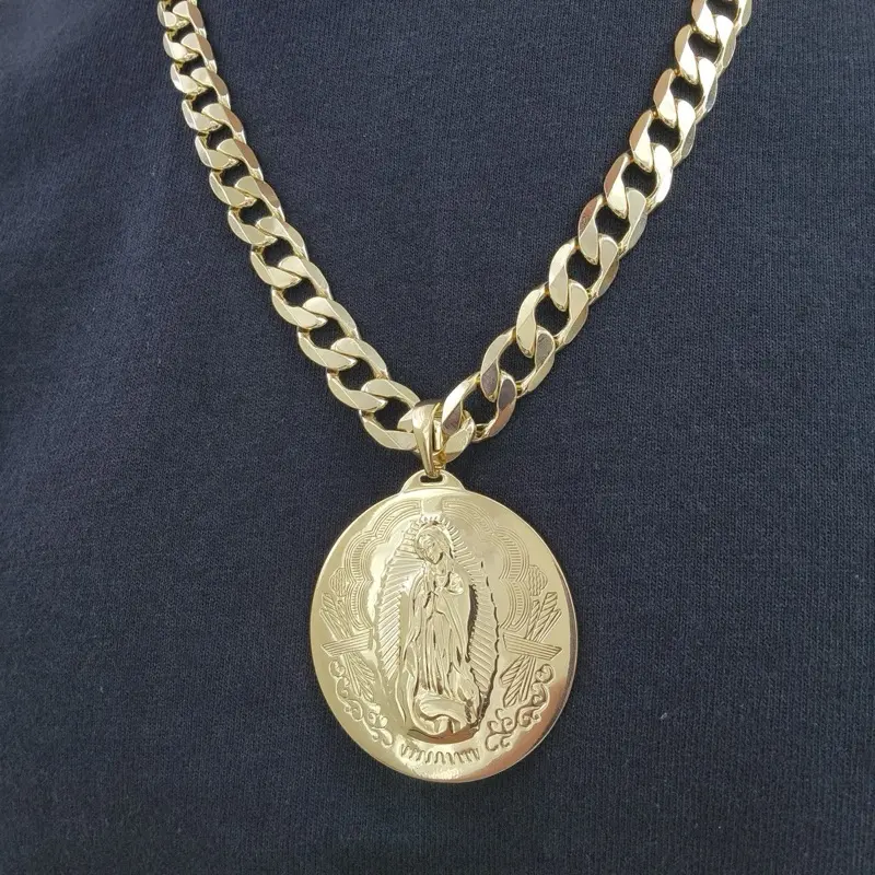 ViOrO 14K Gold Plated 8-10mm Cuban Link Chain for men with Virgen Pendant for Daily Use. Electro Laminated Premium Jewelry
