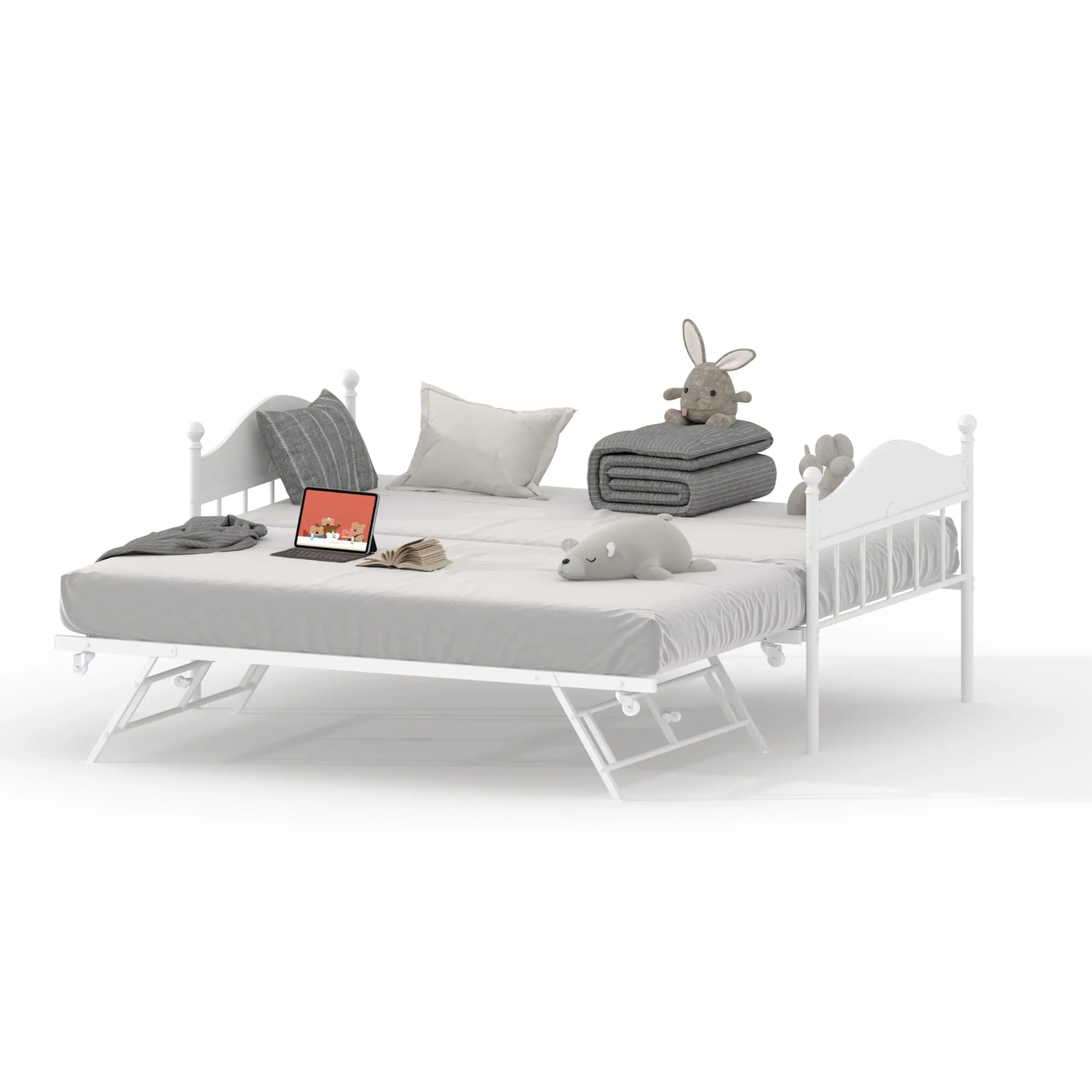 Garvee Daybed with Foldable Trundle Bed, Heavy Duty Steel Slats Platform Sofa Bed Frame, Versatile for Living Room and Bedroom, White Finish