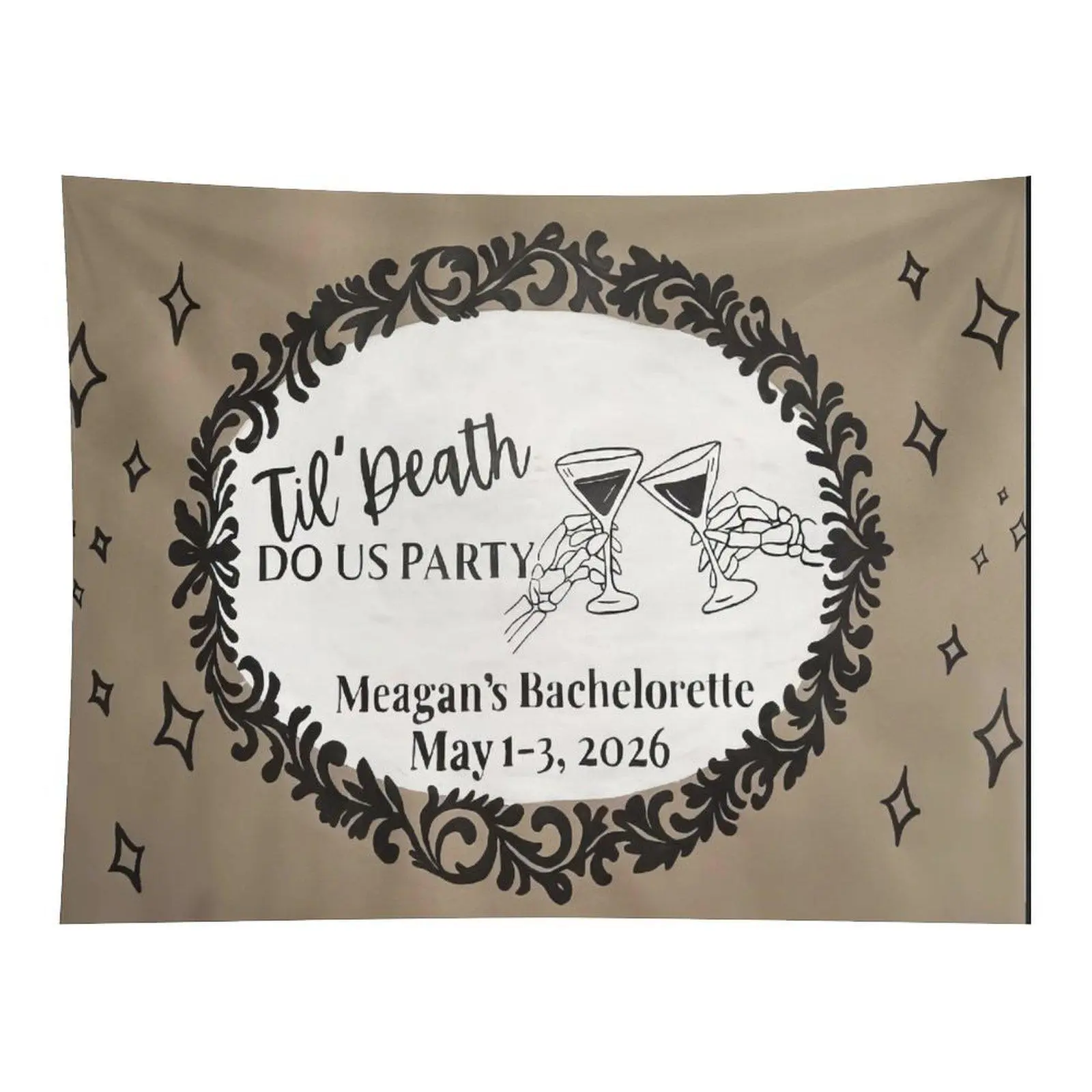 Vintage Skeleton Glasses Tapestry, Fabric Tapestry with Ornate Frame & Sparkle Accents, Indoor Wall Hanging for Bachelorette "Til Death Do Us Party" Bridal Events, Indoors