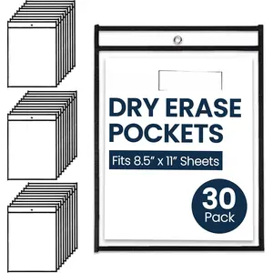 - 30 Pack, Black, Dry Erase Pocket Document Protectors, 10" Wide x 13.5" Tall - Dry Erase Clear Plastic Sleeves -  & Easy Erase Plastic Invoice Holders, Water-Resistant & Durable