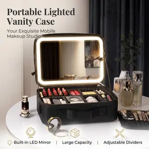 LED Lighted Makeup Case with Mirror, Portable Cosmetic Organizer with Adjustable Dividers, Dimmable Brightness for Travel, Vanity & Daily Makeup Use, Desktop Makeup Organizer, Cosmetics Storage Box