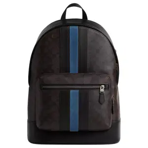 COACH West 32 College-Style Striped Monogram Coated Canvas Backpack, Large, Men's, Gunmetal Grey
