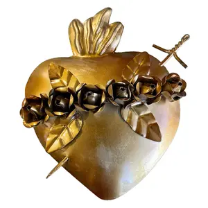 Gold Metal Sacred Heart with Roses - Home Decor Ornaments