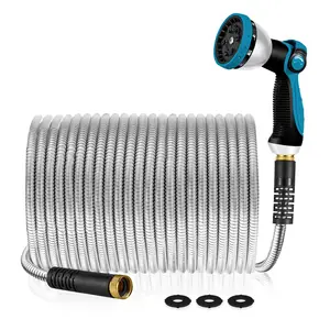 Garden Hose 50/100 ft Metal - Stainless Steel Water Hose Flexible Heavy Duty Garden Hose Collapsible and No Kink Water Pipe Home Nozzles Adjustable Durable Outdoorfun