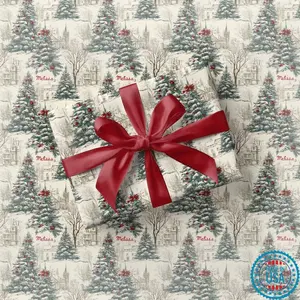 Vintage Christmas Tree Gift Wrap Toile Vintage Gift Wrap Elegant Red Bow Wrapping Paper Roll Personalizable Holiday Present Wrapping Paper