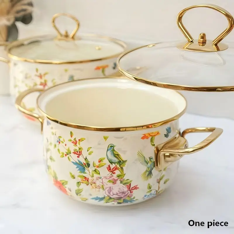 Flower Pattern Stockpot with Lid, Ceramic Soup Pot with Handle, Large Capacity Cooking Pot for Home Kitchen, Double Ear Design Cookware