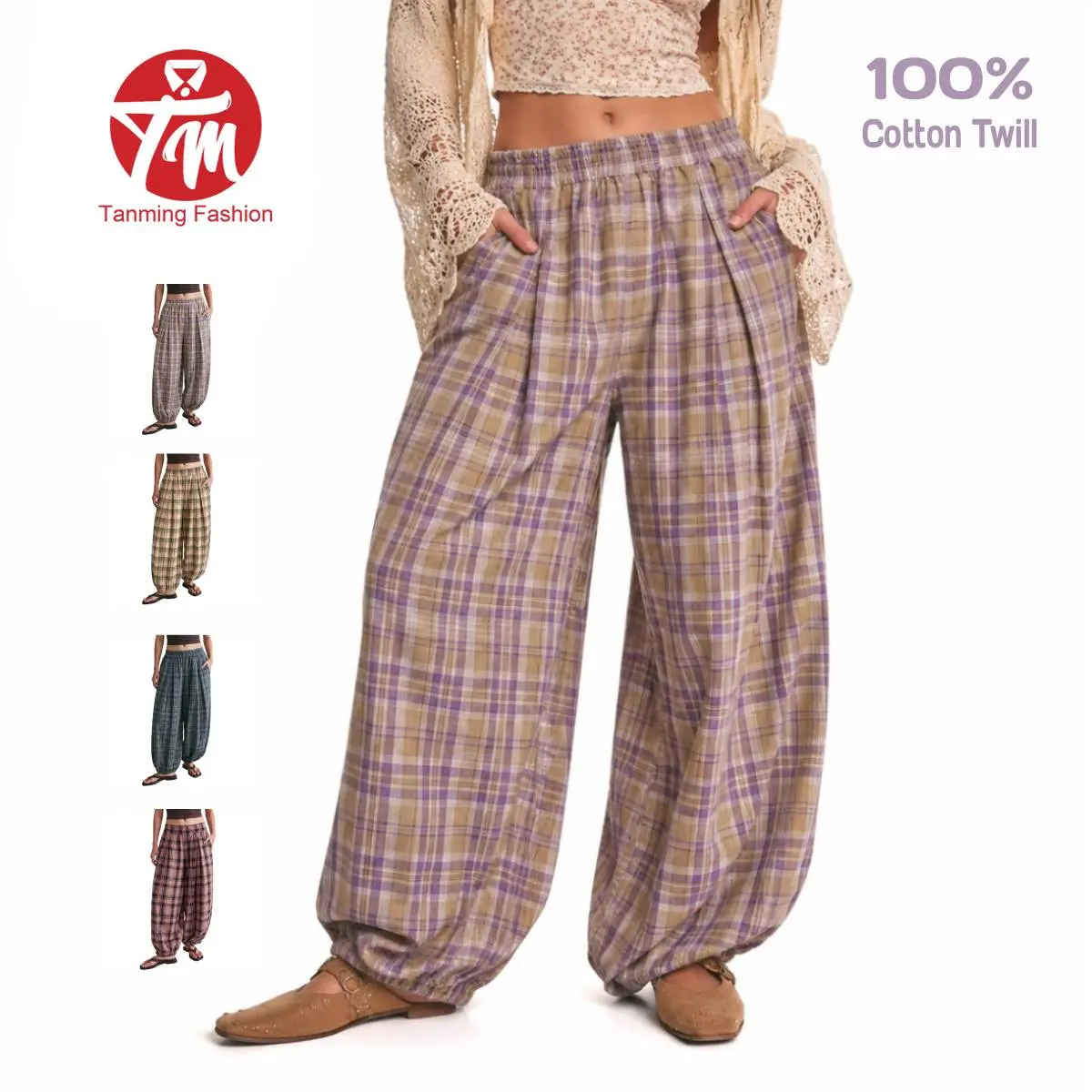 Tanming Women's Plaid Pull-On Balloon Pants, Cotton Twill Pants with Shirred Elastic Waist, Exaggerated Bubble Silhouette & Side Pockets Womenswear Bottom