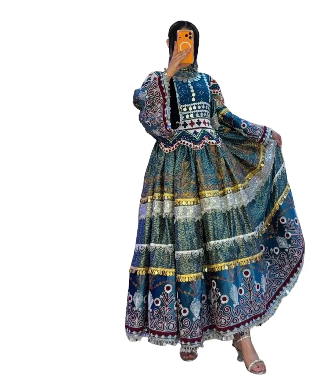 Traditional Afghan Gown for Women, Elegant Hand-Crafted Dress with Embroidery, Mirror Work, and Tiered Skirt for Cultural Events, Cultural Wear