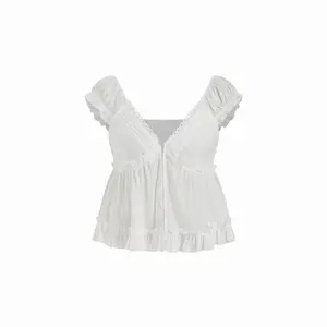 Cider 100% Cotton V-neck Broderie Anglaise Ruffle Hem Blouse