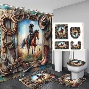 Western Cowboy Bathroom Shower Curtain Set, Includes Rider on Horse, Hat, Boots, Rope, Saddle, Toilet Cover, Bath Mat, Hooks, Modern Decor