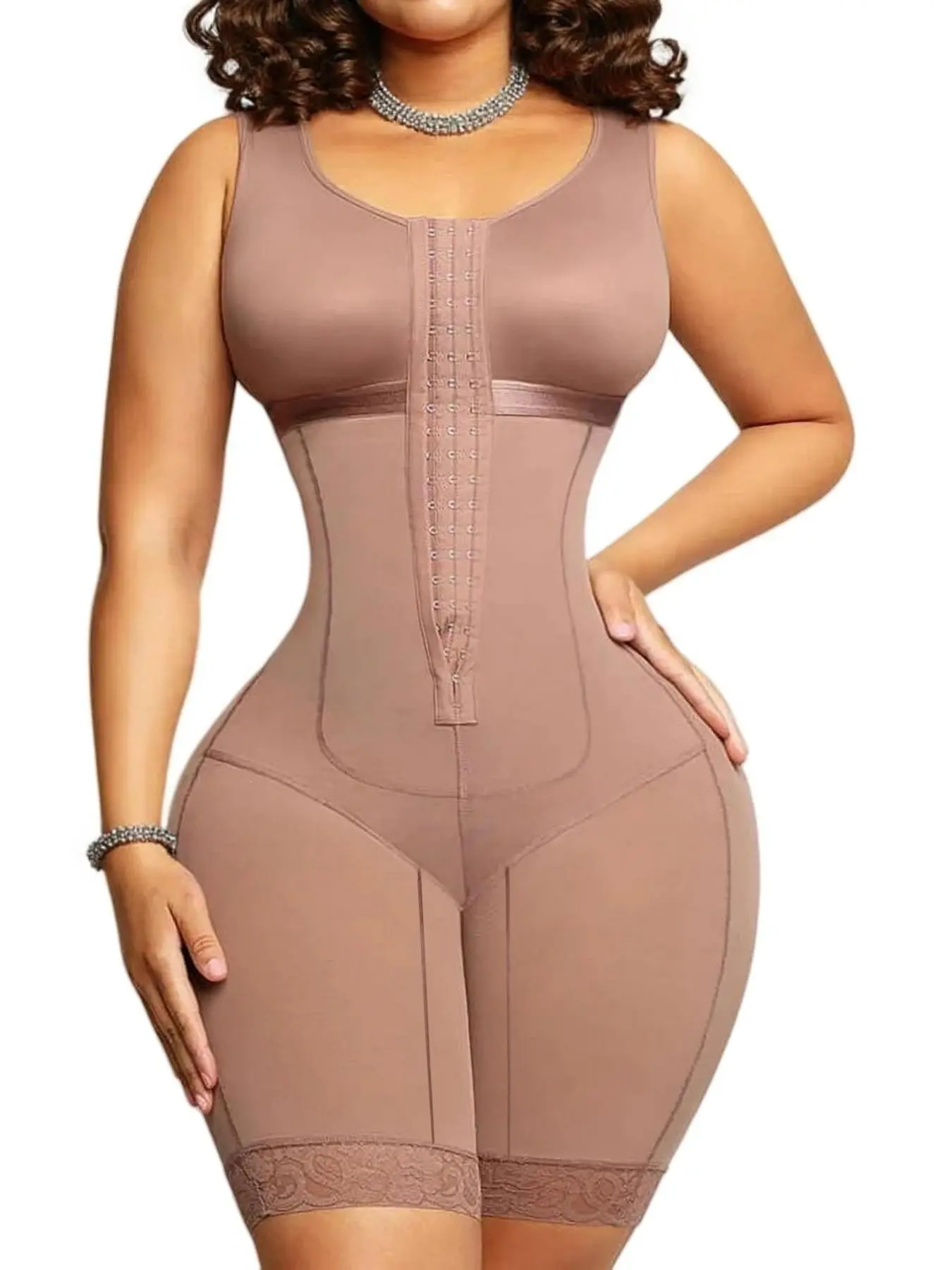 Black Compression Fit Fajas Shapewear Bodysuit, Underwear, Women Tummy Control Body Shaper Butt Lifter Jumpsuit, Front Adjustable Hooks, Mesh Bust&Lace Trim, Aesthetic, Breathable, Colombian Shapewear with Crotch Gusset, Seamless Sculpting Body Shaperwear