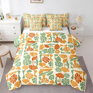 Feelyou 7-Piece Mid-Century Modern Bed-in-a-Bag Bed Comforter Set - Queen Size, Abstract Geometric Boho Floral Yellow & Green Plant Patchwork, Vintage Aesthetic Bedding with Sheets, Queen Comforter Set