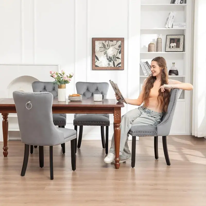 Garden Chairs Set of 4, Upholstered Dining Chairs with Ring Pull Trim and Button Back, Luxury Tufted Dining Chair