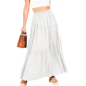 ANRABESS Women’s Boho Elastic High Waist Pleated A-Line Flowy Swing Asymmetric Tiered Maxi Long Skirt Dress with Pockets