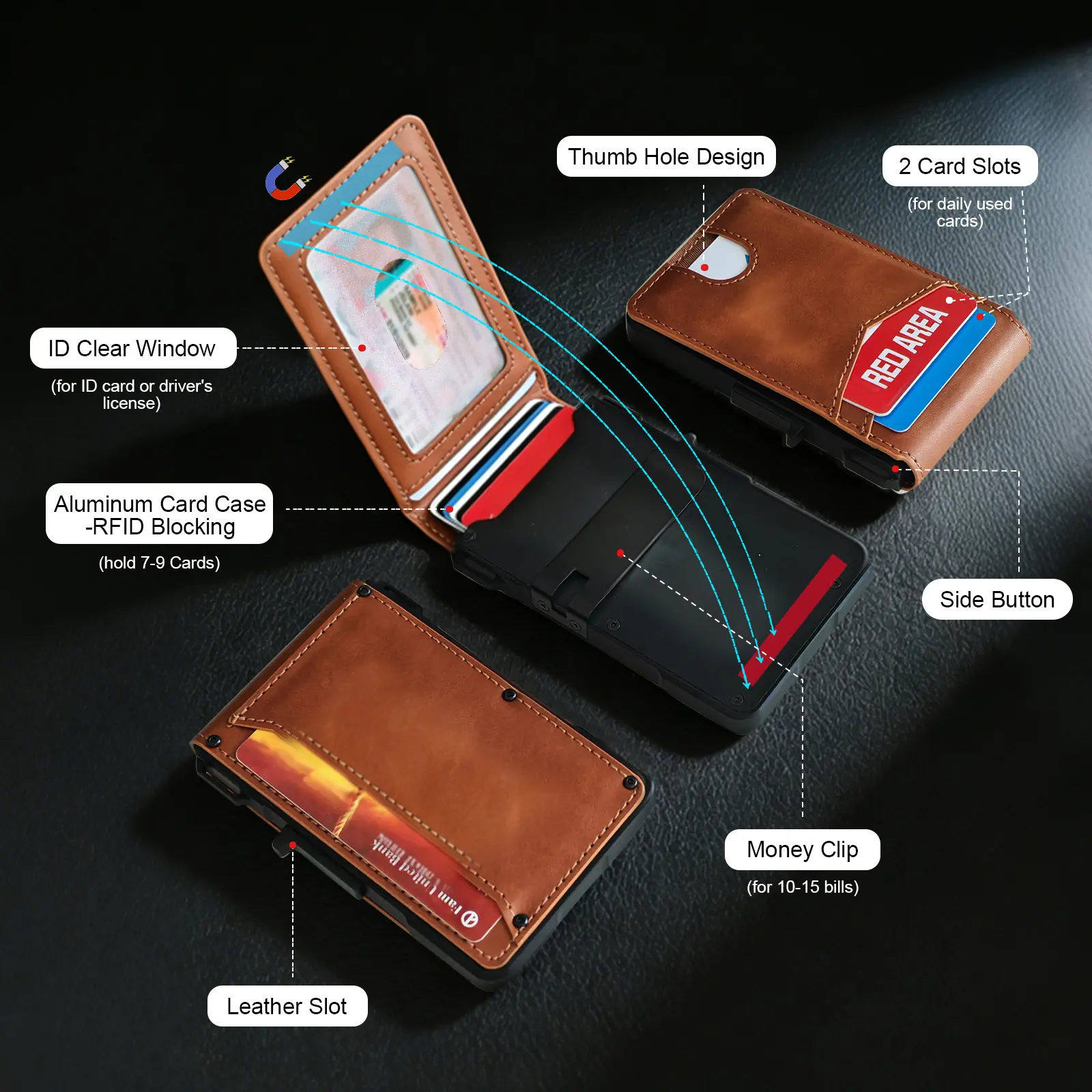 Premium Full-Grain Leather Men's Slim Wallet: 9 - 13 Cards, Money Clip, ID Window. RFID - Blocking, Aluminum Bifold Pop - Up SpringStatements Organiser Organiser