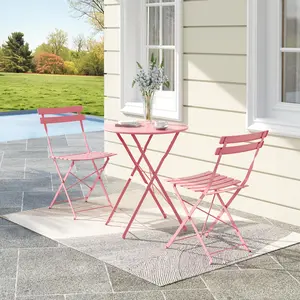 3 Pieces Patio Bistro Sets, Outdoor Patio Chair with 1 Folding Table and 2 Folding Chairs, Metal Frame and Weather Resistance, Space Saving for Indoor, Outdoor, Balcony and Garden, Pink