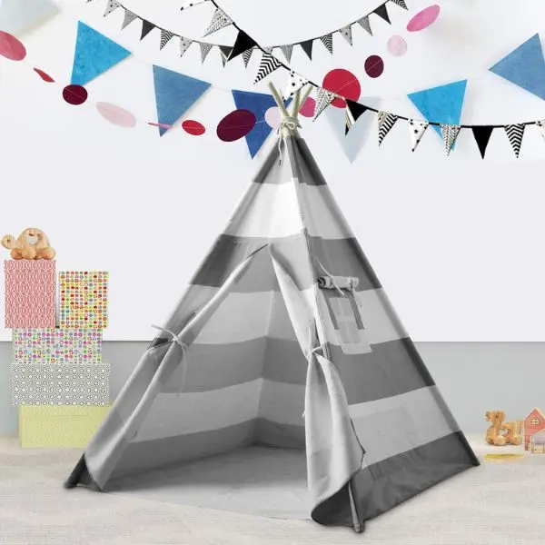 Kids Teepee Tent Indoor Playhouse – Foldable Teepee Tent for Boys & Girls, Grey Stripe Play Tent for Bedroom, Nursery & Playroom Decor, Birthday Gift for Kids