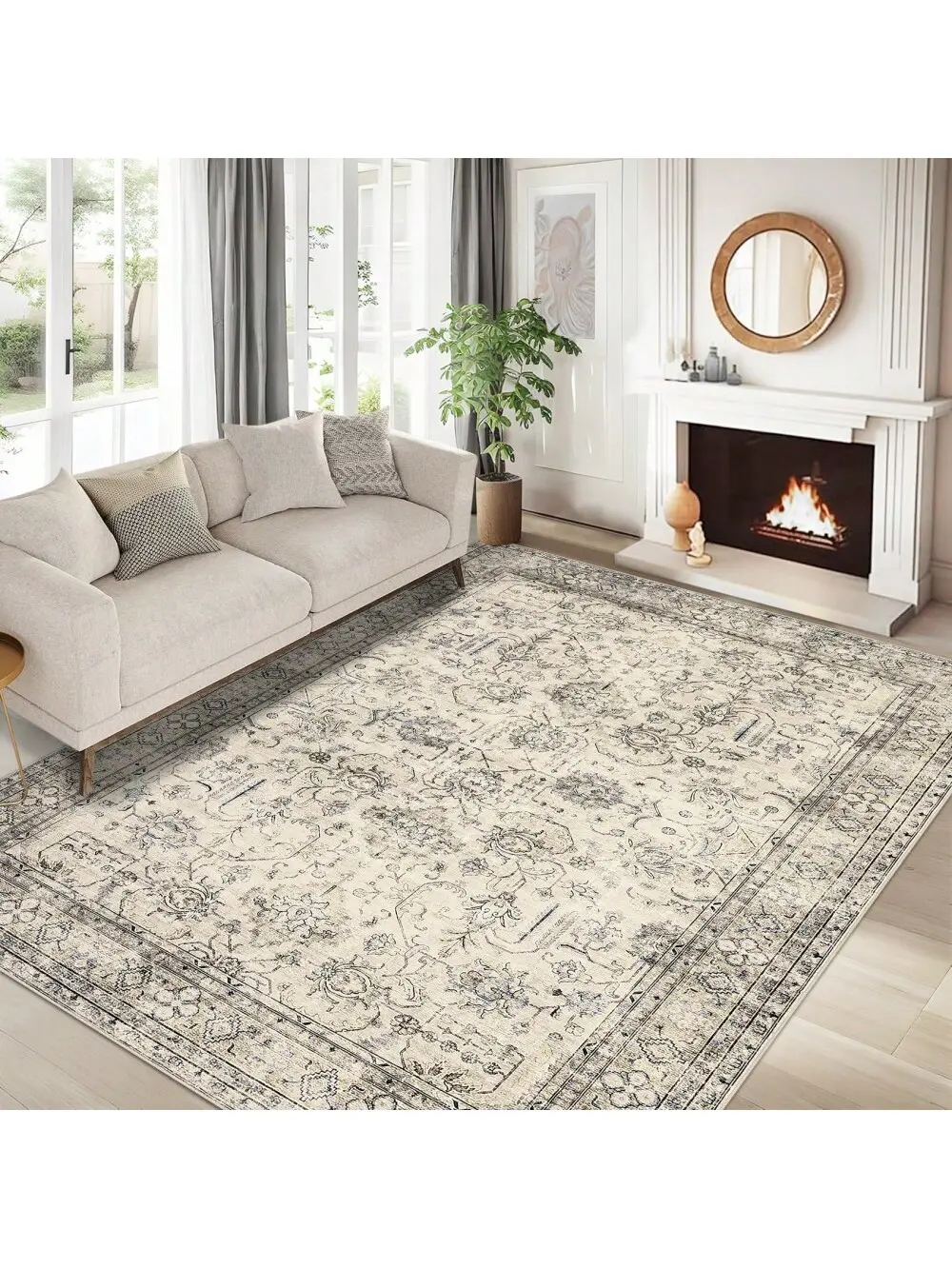 Vintage Beige 10x13 ft Polyester Fiber Indoor Area Rug - Floral Print, Low Pile, Distressed, Machine Washable, Non-Slip, Non-Shedding, Stain Resistant, Neutral, Foldable Floor Cover for Various Room Types