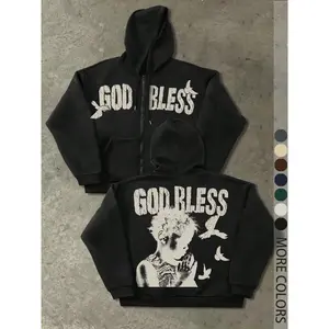 Men's Zipper Hoodie, Vintage American Style, 'god Bless' Slogan & Praying Hands Print, Streetwear for Spring Autumn Winter