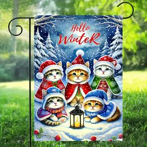 1pc Hello Winter Garden Flag with Adorable Cats, Double-Sided Polyester Decorative Flag for Outdoor, Yard, Lawn, Home, Event and Party - Pet-Themed Seasonal Decor without Flagpole, 12x18 Inch
