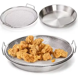 Stainless Steel Oil Fry Drying Rack with Tray, Foldable Round Metal Mesh Basket, Oil Resistant for Frying and Washing Vegetables, Kitchen