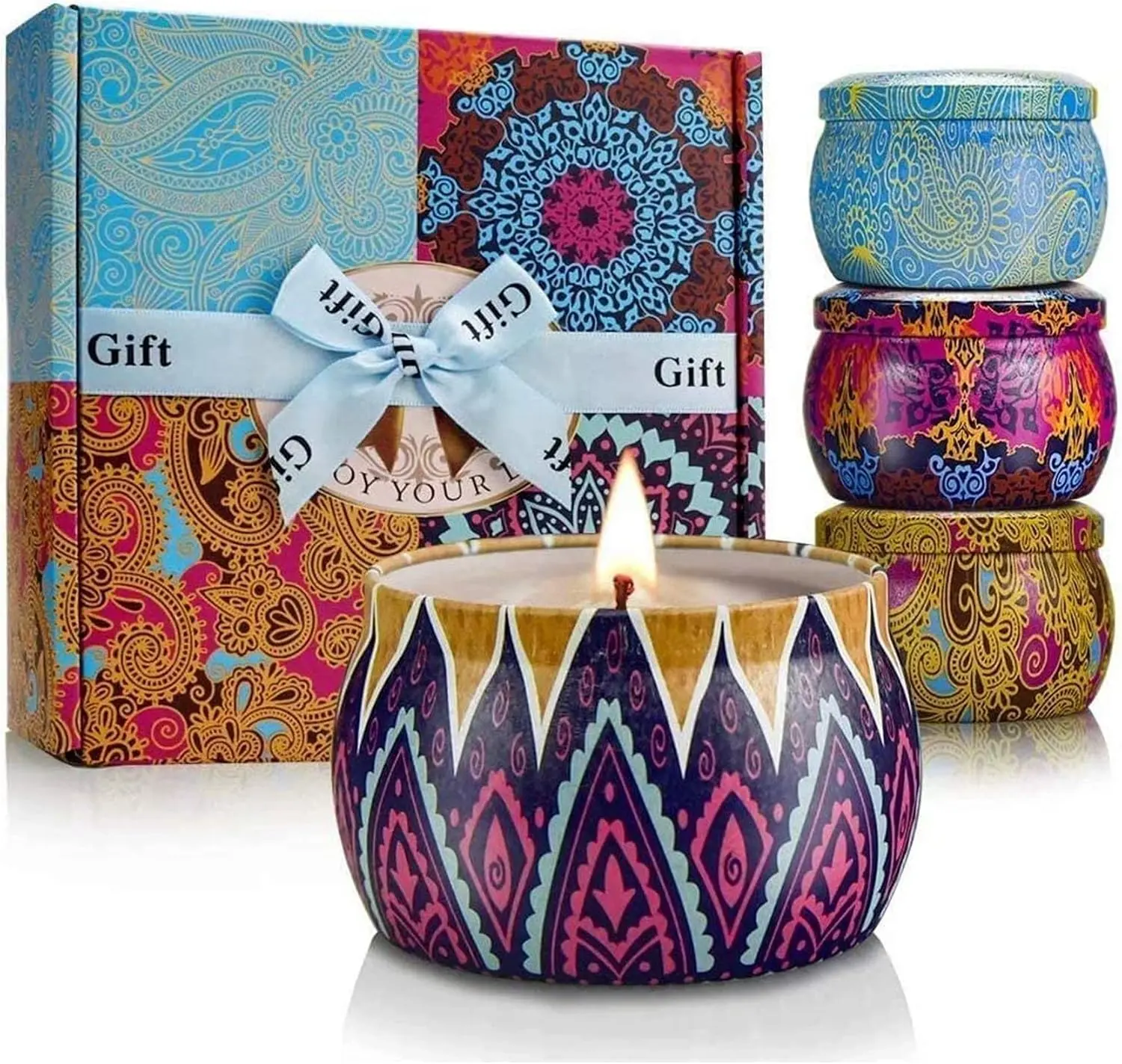 4-Pack Soy Wax Scented Candles Gift Set for Women - Classic Bohemian Tins, Aromatherapy Stress Relief, Mom Birthday/Thank You Gifts, Home Decor