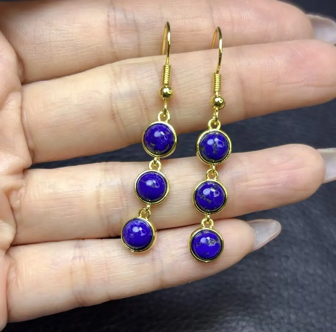 Natural Lapis Lazuli Three Round Beads Tassel Dangle Earrings#LapisLazuliEarrings ,DangleEarrings,NaturalStoneJewelry ,Elegant Long Drop Jewelry for Women Daily & Party Gift